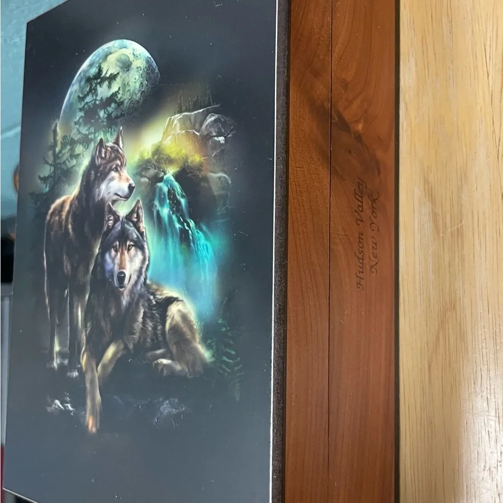 Wooden Jewelry Box with Wolf Print Design on top